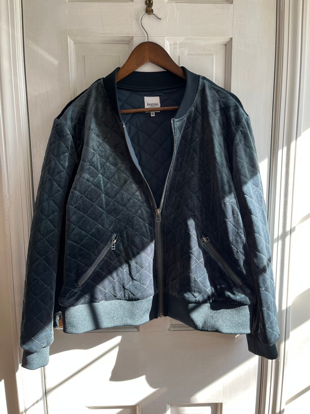 Kenzie Teal Blue Green Velvet Quilted Bomber Jacket Plus Size XL Y2K Boho